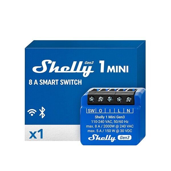 Shelly 1 Mini Interruttore WiFi e Bluetooth Relè 1 Canale 8A Gen3 Alexa Google
